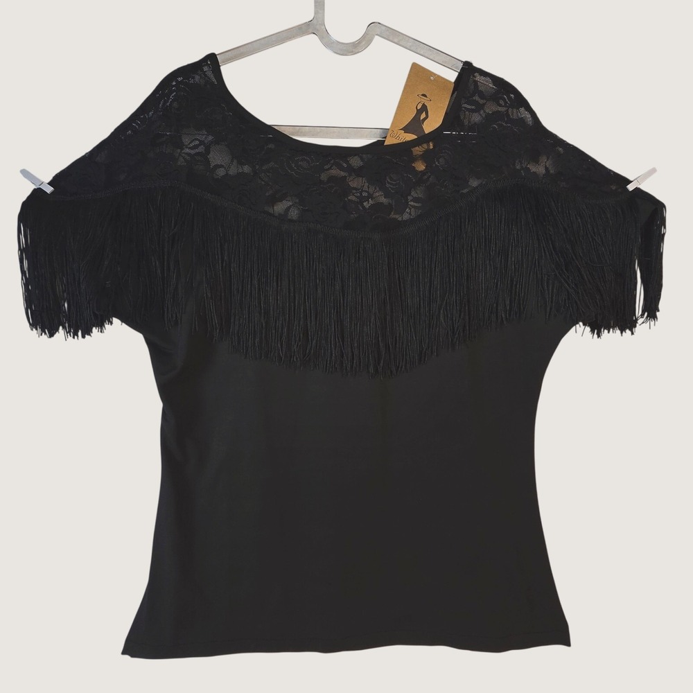 Y2K Black Lace Yoke Fringe Top Womens 18 Western Flapper Country Concert Party